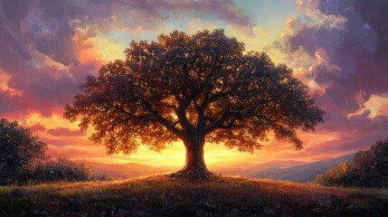 Fototapeta premium Majestic oak tree silhouetted against vibrant sunset