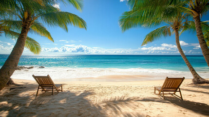Obraz premium Palm trees on Sunny beach and turquoise sea in Seychelles. Summer vacation and tropical beach