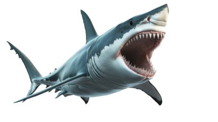 Great white shark jumping out of water ocean png transparency background dynamic environment aerial view marine life concept