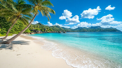 Palm trees on Sunny beach and turquoise sea in Seychelles. Summer vacation and tropical beach