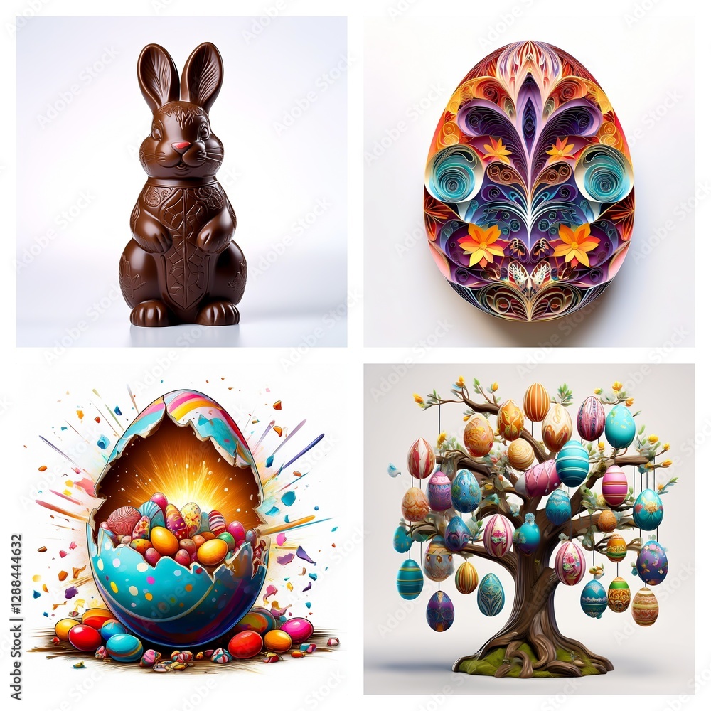 Poster four panels showcase easter themes: a chocolate bunny, a decorative egg, an exploding egg with candi