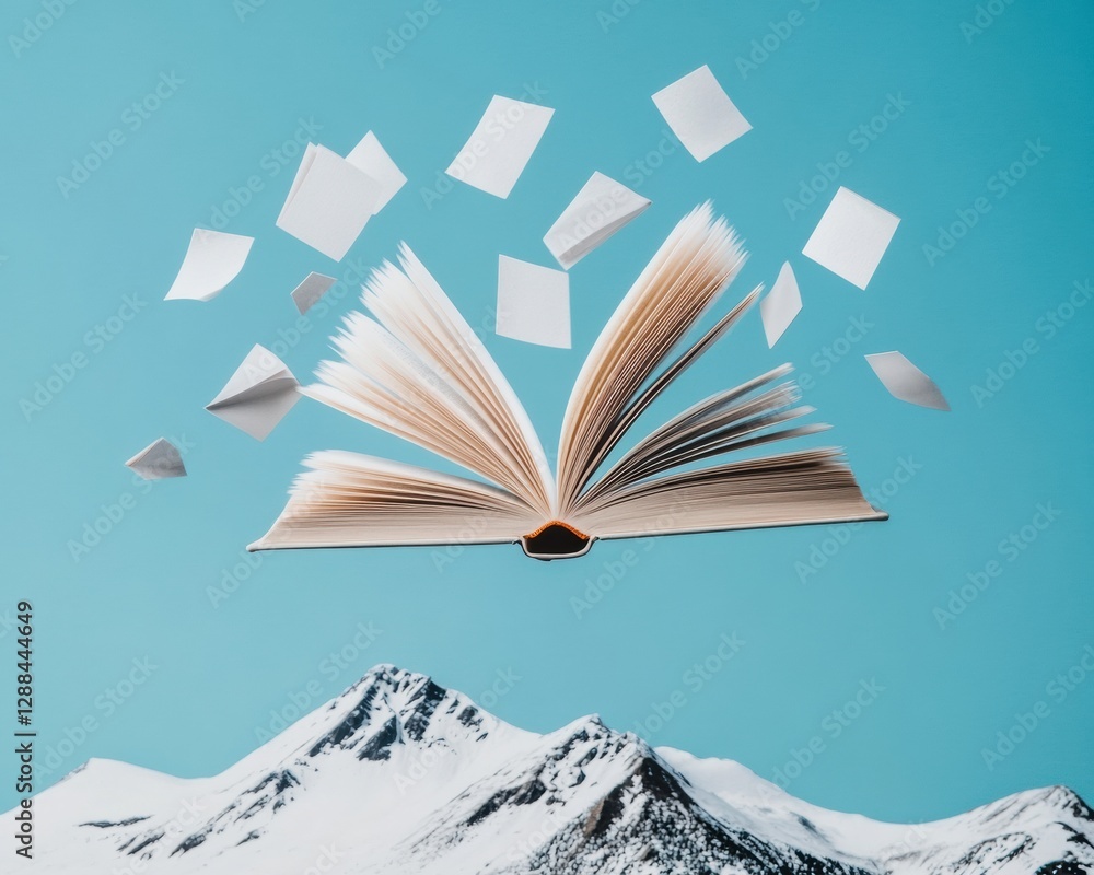 Poster ethereal literary escape open book with floating pages against snowy mountains imagination concept f