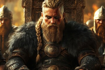 Warrior king sits on throne surrounded by loyal warriors in a fierce battle setting during ancient times