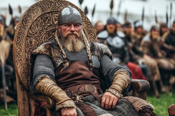 Obraz premium Viking warrior seated on ornate throne during reenactment event with fellow soldiers in background