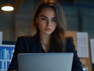 Fototapeta premium Focused Businesswoman Working Late on Laptop in Modern Office Setting
