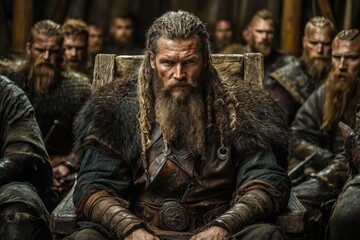 Obraz premium Warriors gathered in a Viking hall during a council meeting, discussing strategies and future battles in an ancient settlement