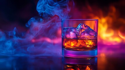 Smoky whiskey on ice, neon background, night scene, bar advertisement