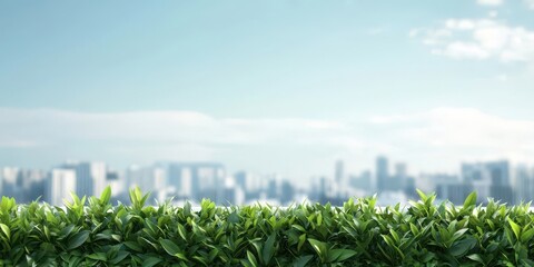 Obraz premium Lush greenery in the foreground with a blurred city skyline in the background.