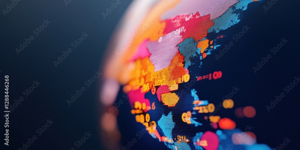 Poster Vibrant Data Visualization Globe High-Resolution Digital Display with Analytical Graphs and Metrics - Business Intelligence for Global Market Insights and Performance Monitoring