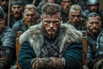 Fototapeta premium Strong warrior sits in front of a gathered group, showcasing determination and leadership in a historic setting