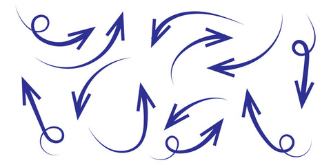 Hand drawn arrows collection Set simple flat arrows isolated on white background. Arrow mark icons and arrow paint. Stock vector