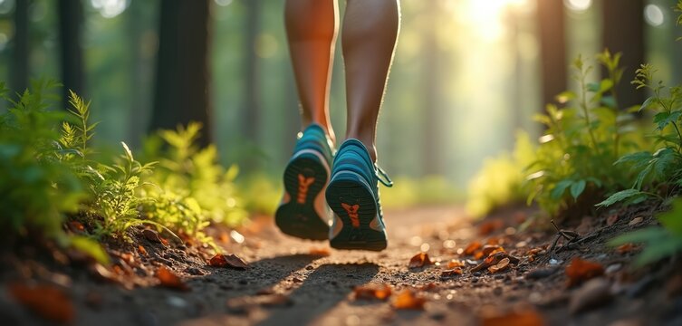 Trail runner feet in modern sport shoes on forest path. Woman jogging, exercising at sunrise. Legs in sneakers walk on terrain among trees at dawn. Active lifestyle on nature. Generative AI.