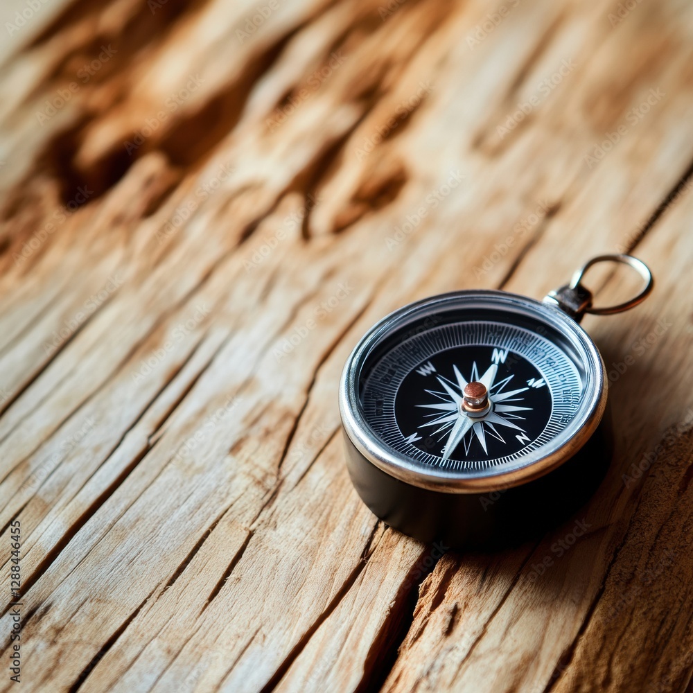 Poster rustic navigation tools vintage compass on textured wood surface - essential directional content for