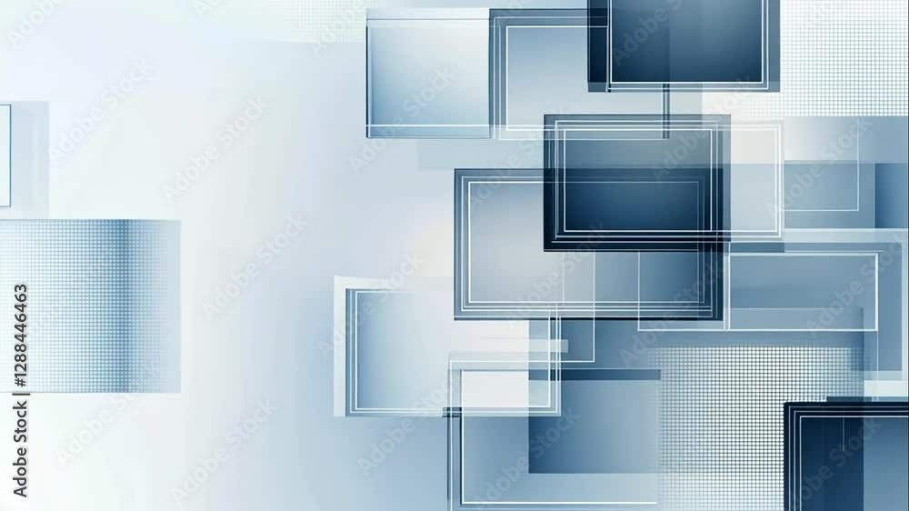 Poster abstract background with overlapping translucent squares in shades of blue and white.
