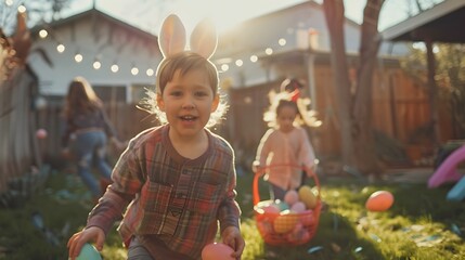 Fototapeta premium A fun Easter celebration in a backyard, featuring kids wearing bunny ears and carrying egg-filled baskets.