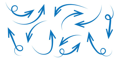 Hand drawn arrows collection Set simple flat arrows isolated on white background. Arrow mark icons and arrow paint. Stock vector