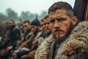 Warriors gathering in the mist during an ancient battle preparation at dawn