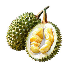 Watercolor art of durian fruit, showcasing its spiky exterior and creamy yellow flesh. This vibrant illustration captures unique characteristics of this tropical fruit