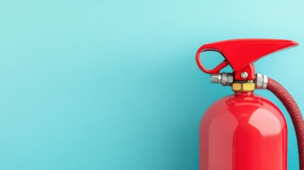 Obraz premium A red fire extinguisher positioned against a light blue background, highlighting its importance for safety and fire prevention.