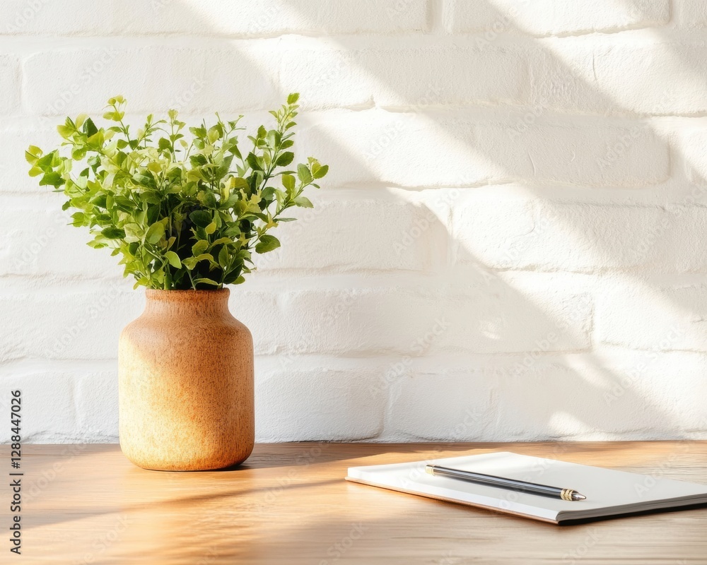 Poster scandinavian therapeutic workspace minimalist ceramic vase with greenery and notepad on sunlit desk 