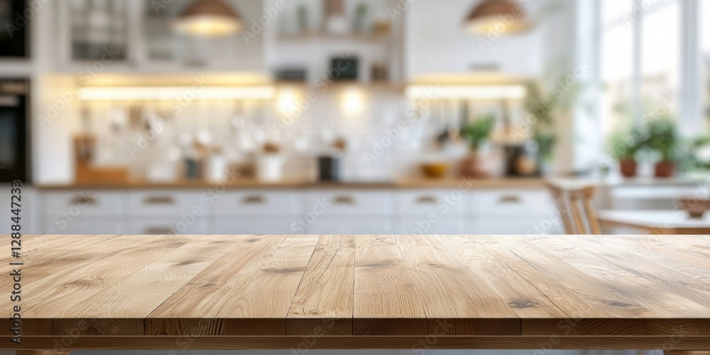 Aufkleber empty wooden tabletop with blurred modern kitchen in background