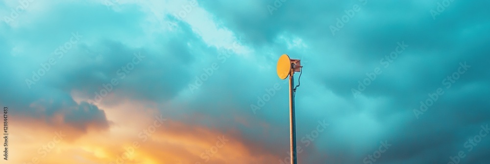 Poster Modern Satellite Dish Array Stormy Sky Backdrop with Metal Infrastructure for Enhanced Global Broadcasting and Communication - Tech Innovation in Weather-Resilient Transmission