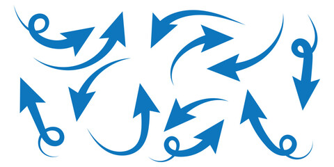 Set of long blue curve arrow icon vector . blue curve arrow icon set. long arrow icon set. curve arrow vector illustration. Curved or arch arrow icon isolated.
