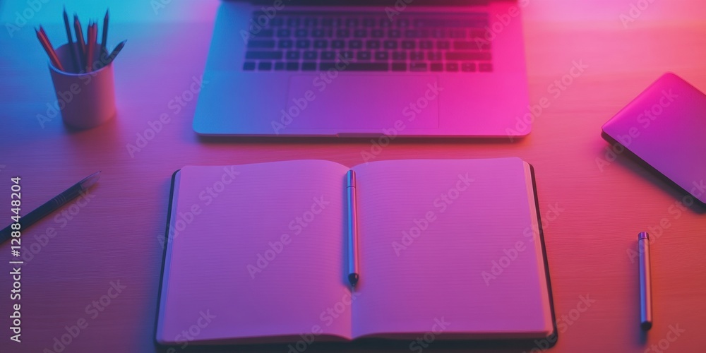 Poster Neon Study Desk Aesthetic Open Notebook with Pen on Wooden Surface - Enhancing Academic Prep for Digital Age Learning and Creative Workspace Design