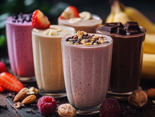 A collection of vibrant fitness smoothies and protein shakes in transparent glasses with fresh fruits