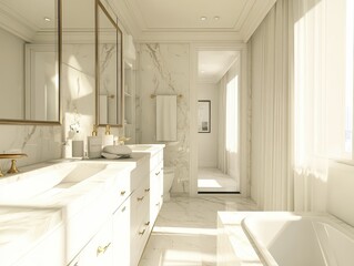 Fototapeta premium Luxurious Modern Bathroom Design: Elegant White Marble and Gold Accents