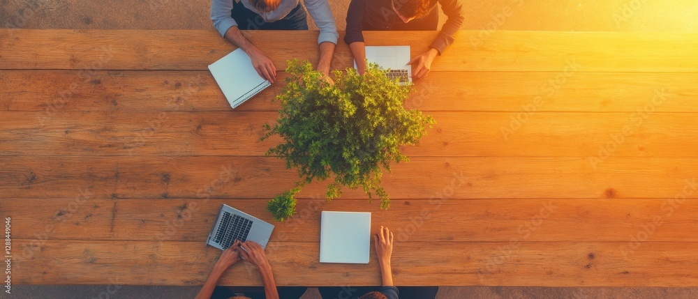 Poster contemporary team workspace design oak conference table with laptops and greenery - collaborative de