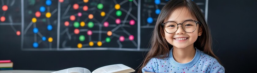 Obraz premium A cute Asian girl wearing glasses is smiling and sitting at a desk