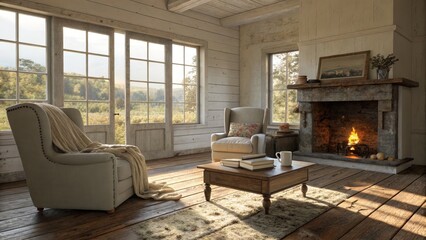 Fototapeta premium Cozy Rustic Living Room Fireplace, Wooden Floor, Window View, 3D Render, Interior Design. Rustic, Cottagecore