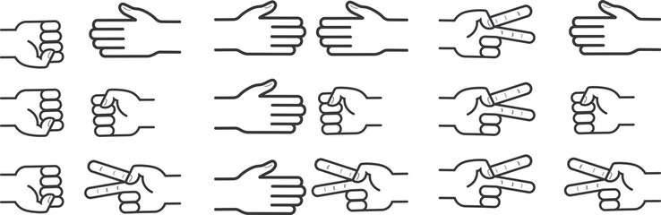 Obraz premium An isolated outline illustration of hand gestures representing rock, paper, and scissors, a symbolic game of chance, strategy, and decision-making