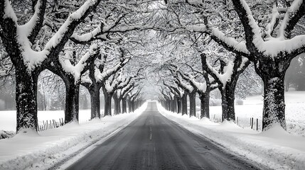 Snow-covered trees line a road; winter wonderland; serene path through nature; backdrop for a holiday card