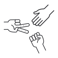 An isolated outline illustration of hand gestures representing rock, paper, and scissors, a symbolic game of chance, strategy, and decision-making