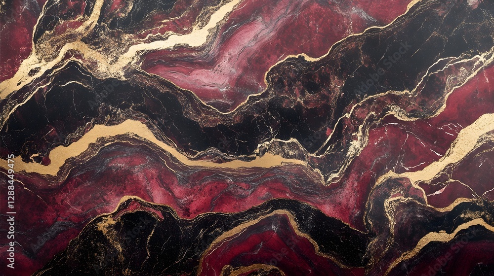 Poster Mesmerizing Multicolored Geological Abstract Art Texture Background   Dramatic Dark Red Gold and Black Marble or Stone Surface Pattern Design