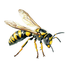 Watercolor illustration of wasp with yellow and black stripes, showcasing intricate details and transparent background. This artwork captures essence of nature beauty