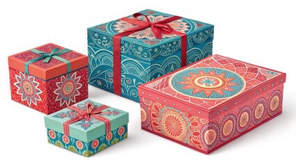 Four Gift Boxes Teal and Red Mandala Design, Festive Packaging, Holiday Decor Gift Boxes, Mandala Design