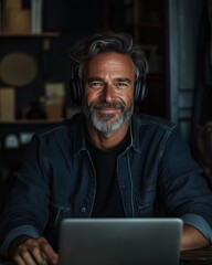 Smiling mature man wearing headphones and working on a laptop in a cozy home office with bookshelves in the background.