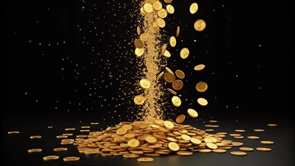 Golden Coin Shower 3D Render, Wealth Concept, Abstract Composition, Black Background wealth, prosperity