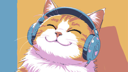 A Joyful Cat Wearing Blue Headphones, Relaxing with Eyes Closed Against a Two-Toned Blue and Yellow Background Clean-Line Illustration in a Vibrant Color Style