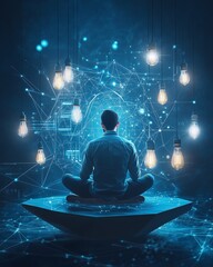 businessman meditating in digital world of light and technology