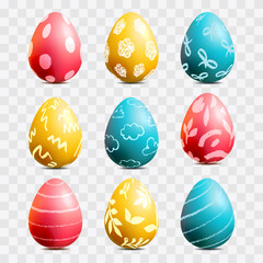 Colorful realistic 3d Easter eggs set. Holiday design elements. Egg with hand painted pattern. Vector illustration