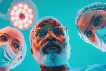 Cutting-Edge Surgical Team Diverse Surgeons in High-Tech OR Under Intense Blue Lights - Precision Healthcare Branding and Advanced Medical Research Imagery