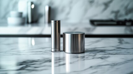 Vaping device on a marble countertop with a stylish metallic jar. Featuring modern aesthetics and simplicity