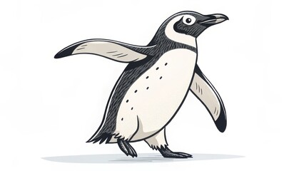 Fototapeta premium Hand-Drawn Cartoon Penguin Illustration Walking Pose, Black and White, Wildlife Concept Penguin, Illustration