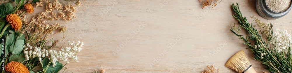 Aufkleber rustic creative workspace display natural flora and paint brushes on textured wood for art education