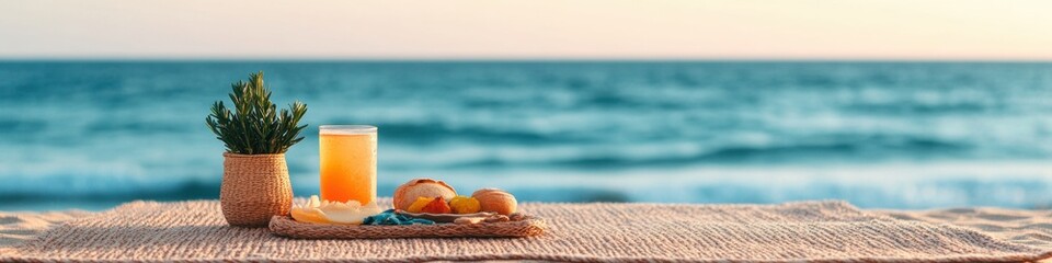 Coastal Picnic Vibes Woven Jute Blanket with Fresh Snacks and Drinks by the Ocean - Casual Outdoor Relaxation and Lifestyle Content for Social Media Engagement