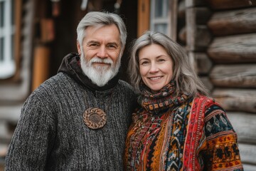 Elderly couple smiling warmly in cozy traditional attire outside a wooden cabin during autumn